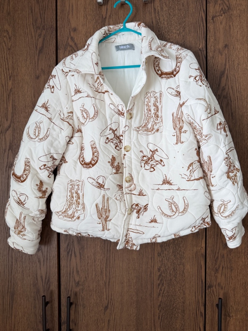 Blue B. Western-Print Quilted Coat - Cream/Brown